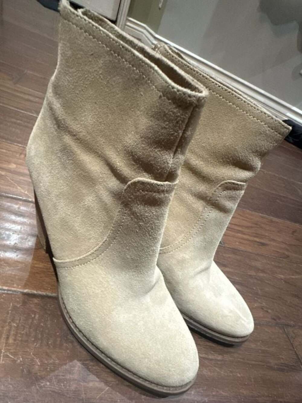 C. Wonder Tan Suede Ankle Booties with Back Zip and Block Heel